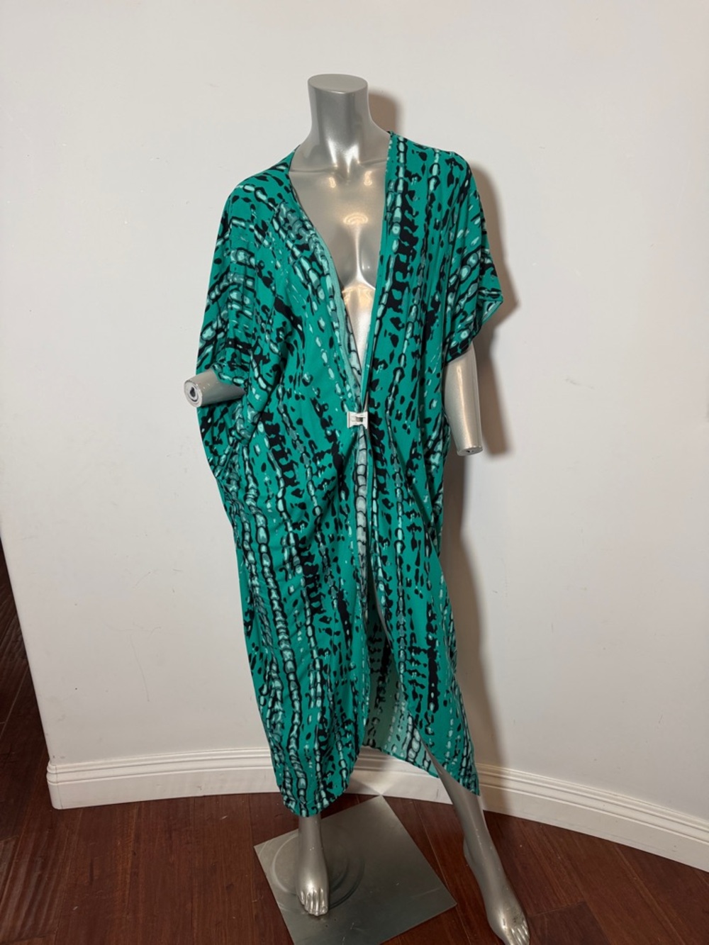 Teal Abstract Print Open Front Kimono Duster Jacket Beach Cover Summer Housecoat
